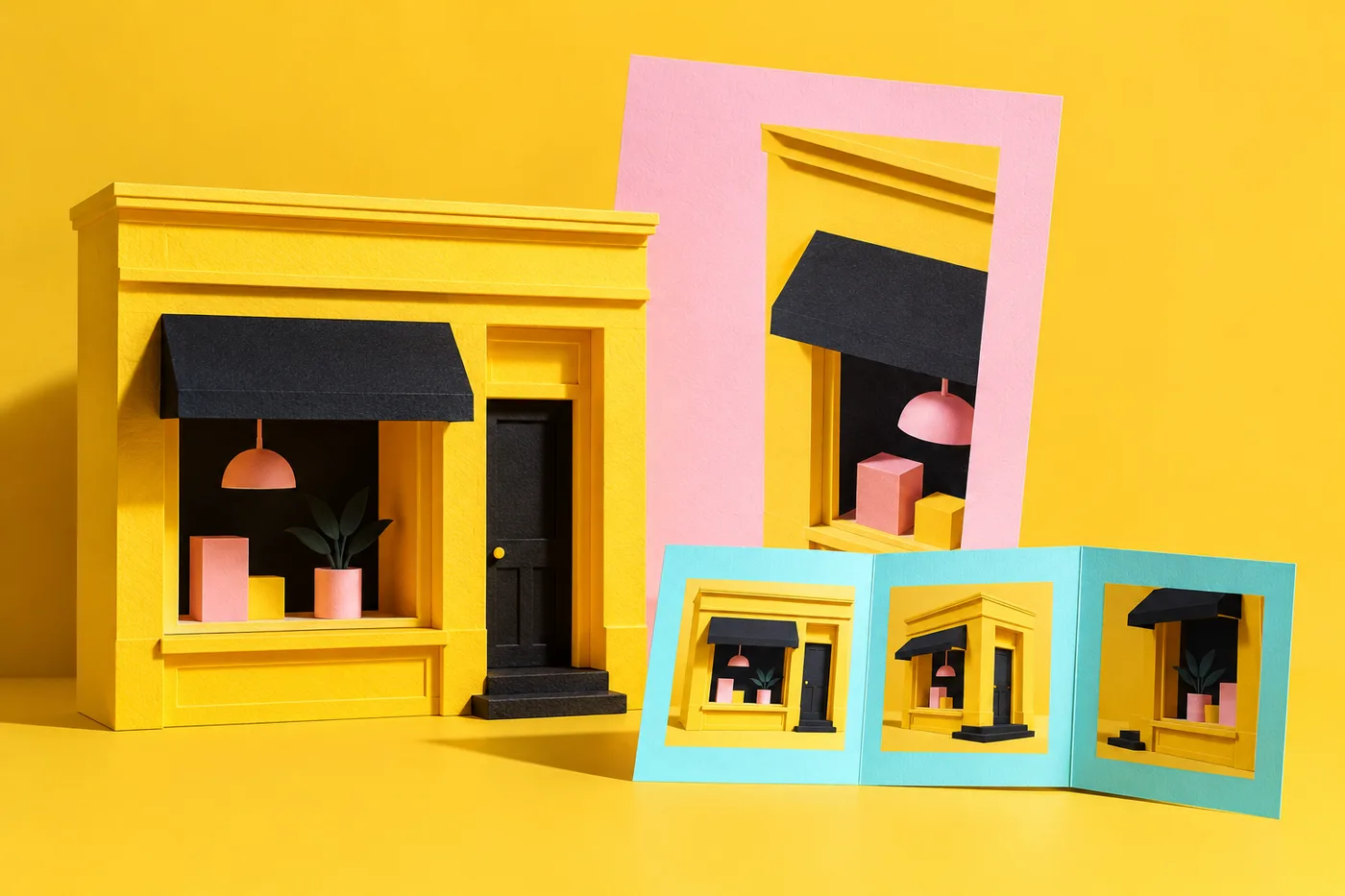 Custom paper storefront illustration showing one business across web, print and video formats