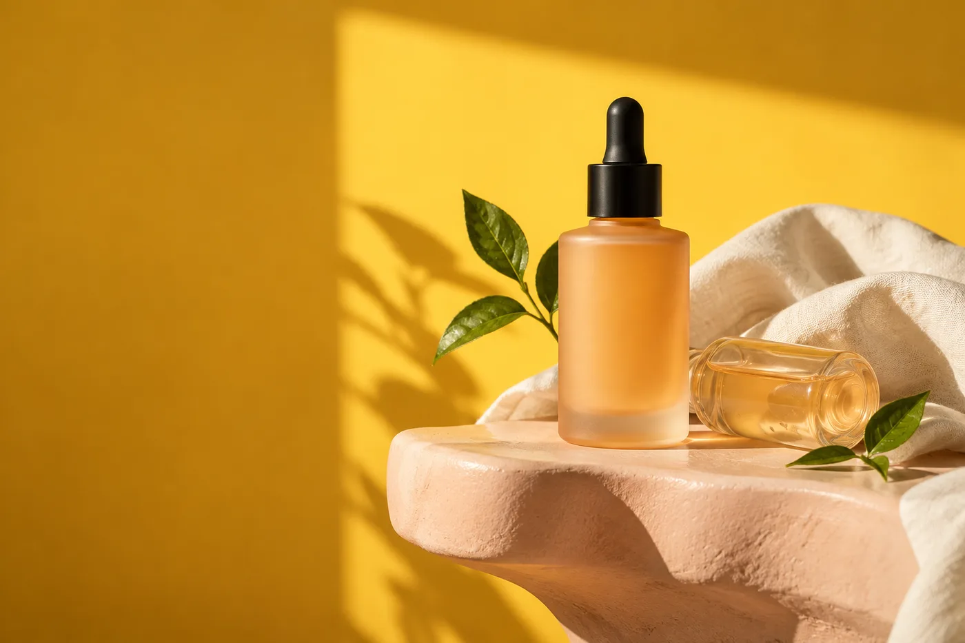 Apricot-coloured serum bottles on a pink ceramic ledge against a warm yellow background