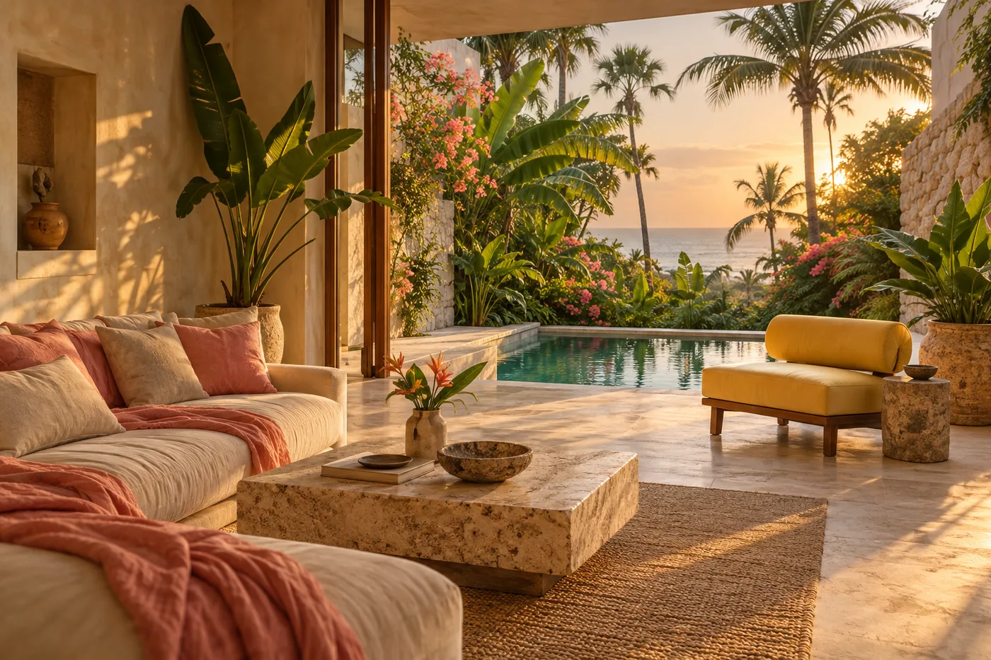 Warm coastal villa campaign scene with a pool, natural stone and coral textiles