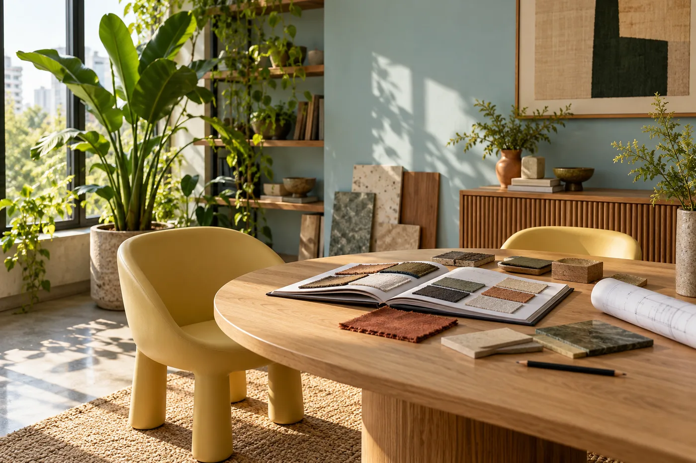 Interior design studio with material samples, yellow chairs and a sunlit oak worktable